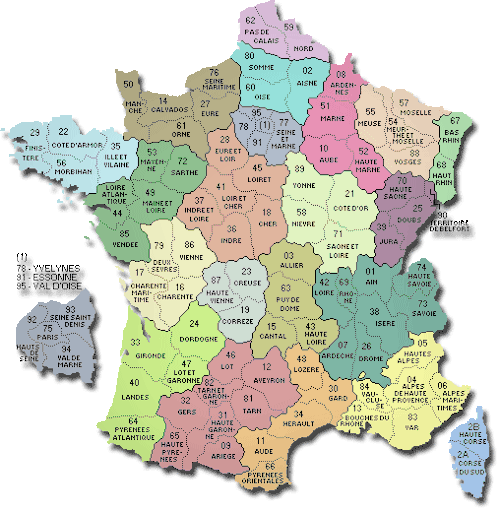 Carte de France avec des couleurs différentes selon les départements