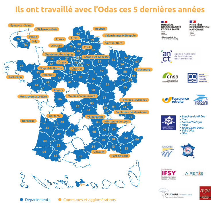 Cartographie des collectivités et organisations qui ont travaillé avec l’Odas ces 5 dernières années